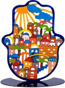 Large Metal Hamsa Emanuel Colorful Jerusalem Kabbalah Protection on Stand