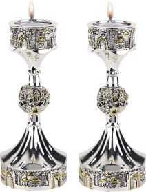 Judaica Shabbat Jerusalem Candlesticks Tower 925 Electroformed Silver
