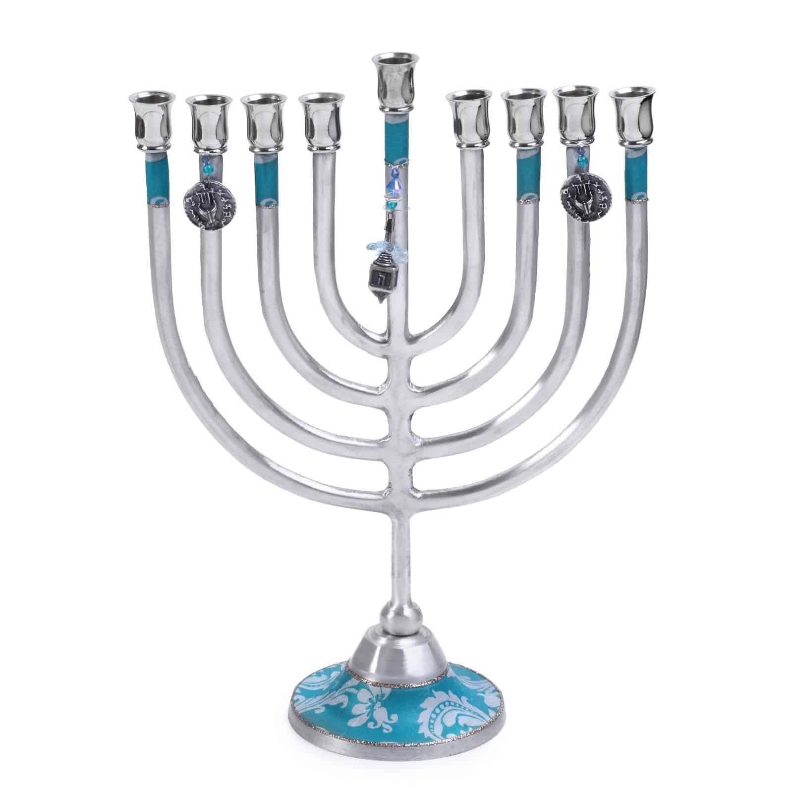 Lily Art Hanukkah Menorah In Blue And Aluminium With Dreidel Charm
