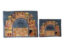 Embroidered Tallit & Tefillin Bag Set Jerusalem Gate on Blue