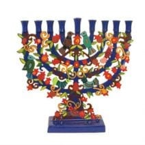 Blue Hanukkah Menorah with Birds and Pomegranates