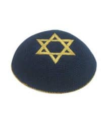 Blue Knitted Kippah Gold Star of David