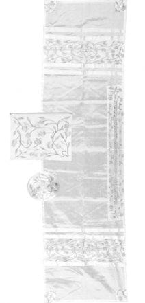 Prayer Shall Tallit Set Embroidered Pomegranates in Silver
